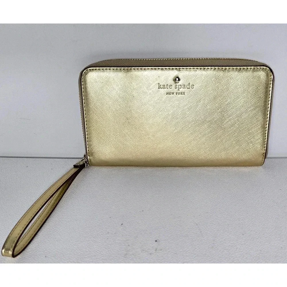 Kate Spade New York Talk Is Chic WALLET Gold Saffiano Wristlet Wallet